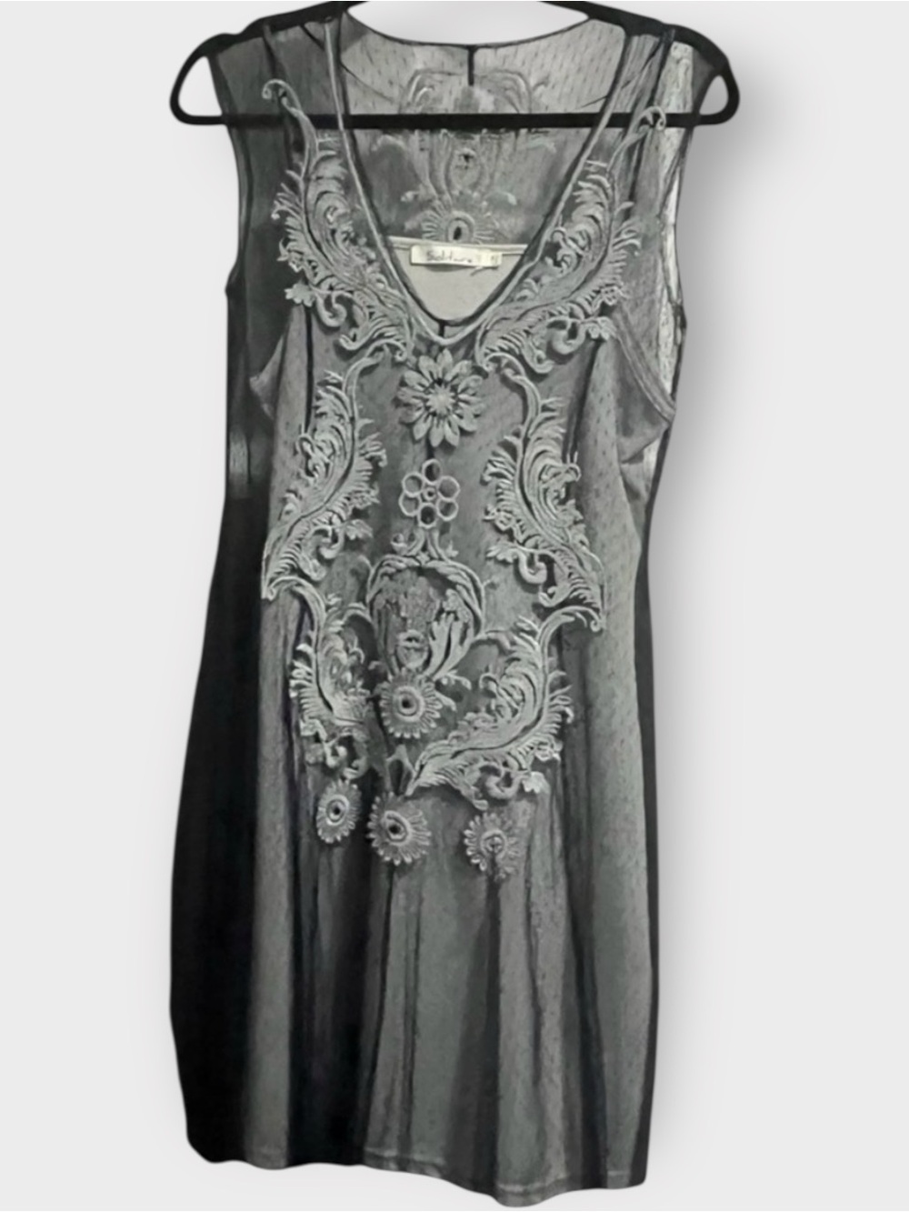 Solitaire Navy Embroidered Mesh Overlay Dress w/ Gray Lining | M | cocktail
